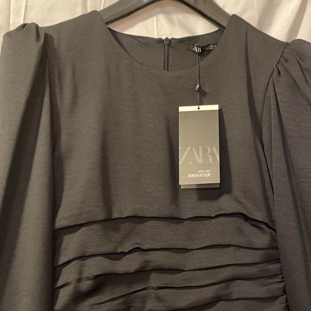 Zara Charcoal Pleated Long Sleeve Dress